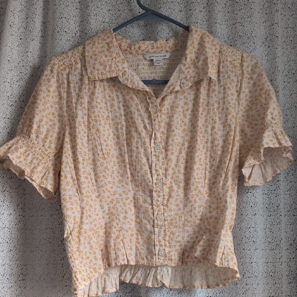 American Eagle Outfitters Cream Blouse with Yellow Floral Print